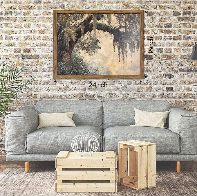 Framed Cottagecore Canvas Wall Art, Vintage Live Oak Tree Pictures Print, Charleston Spanish Moss Oil Paintings, Farmhouse Savannah Southern Wall Decor for Entryway Living Room – 16x24 inch