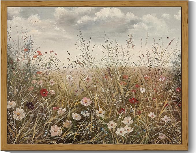 SHENIFY Vintage Landscape Framed Wall Art Meadow with Flowers Farmhouse Decor Retro Wildflower Field Scenery Painting for Kitchen Living Room Bedroom Bathroom - 8x10in Natural Framed