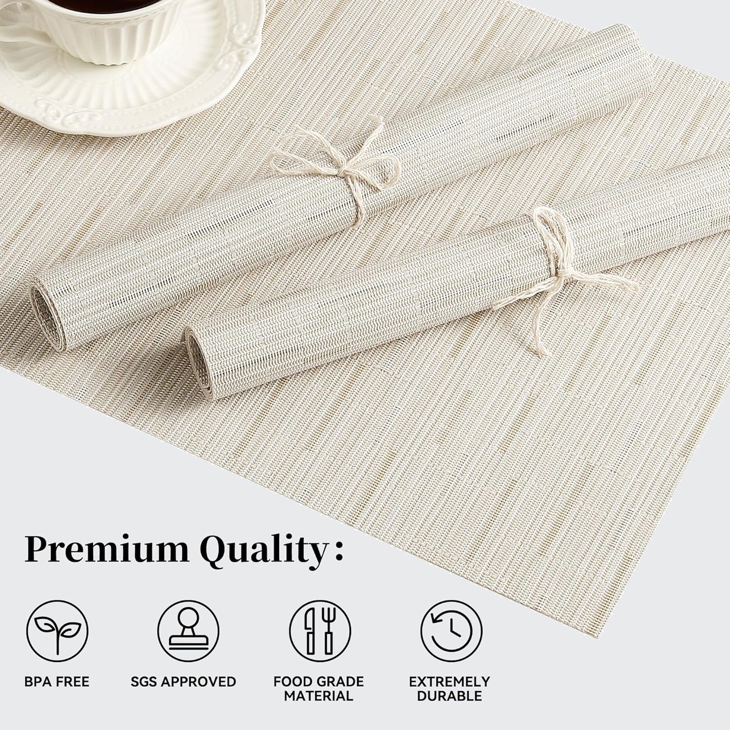 Leetaltree Pale Beige Placemats Set of 4 - Heat Resistant Non-Slip Place mats for Dining Table, Washable Durable PVC Vinyl Woven Table Mats（Pale Beige, 4）