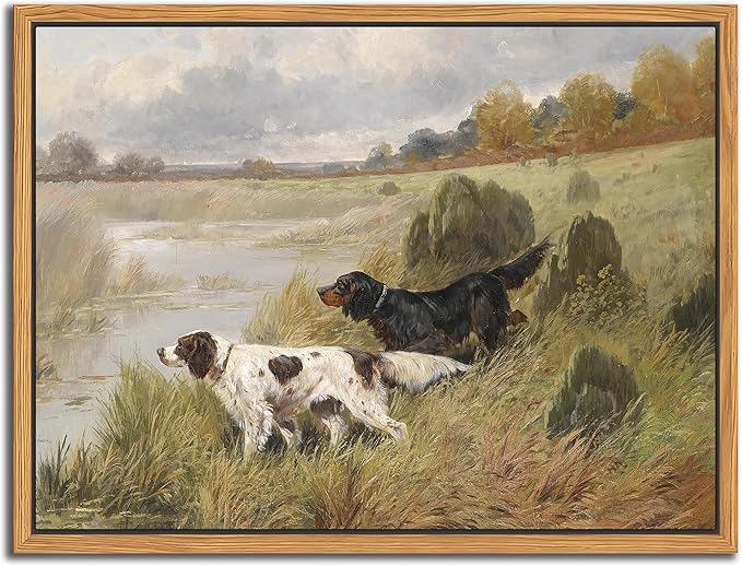Floating Framed Vintage Hunting Dog Wall Art, Classic Countryside Landscape Canvas Print, English Setter and Gordon Setter Painting, Rustic Farmhouse Wall Decor for Living Room Study Office 8X10 inch