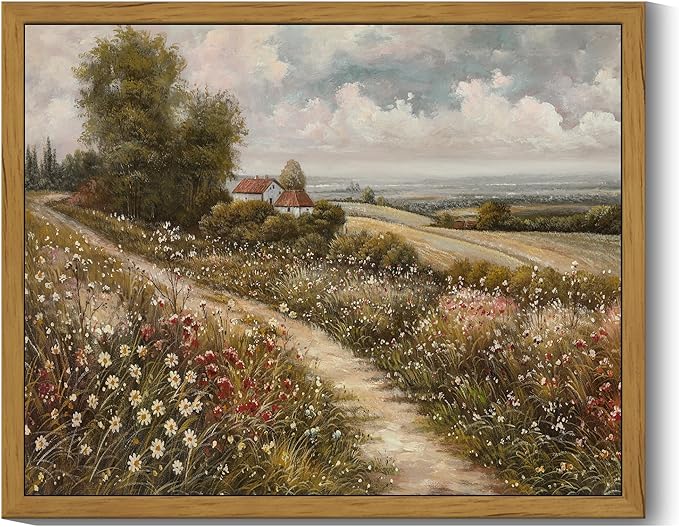 SHENIFY Vintage Landscape Framed Wall Art Rustic Countryside Wildflower Field Farmhouse Decor Retro Meadow with Flowers Painting for Kitchen Living Room Bedroom Bathroom - 8x10in Natural Framed