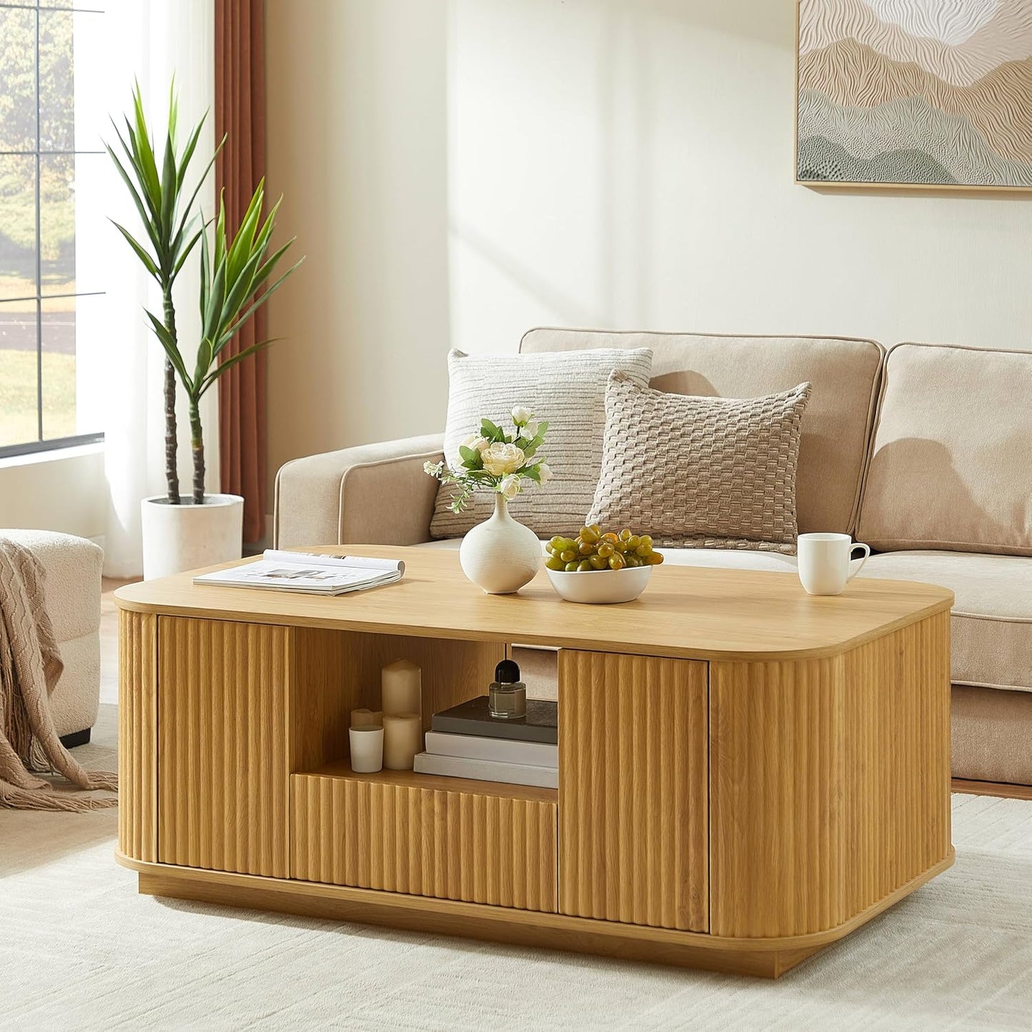 46.5" Oval Coffee Table with Drawers and Storage Mid Century Modern Fluted Solid Wood Side Coffee Tables, Luxury Tea Table Center Table for Living Rooms Offices Apartmen, Natural