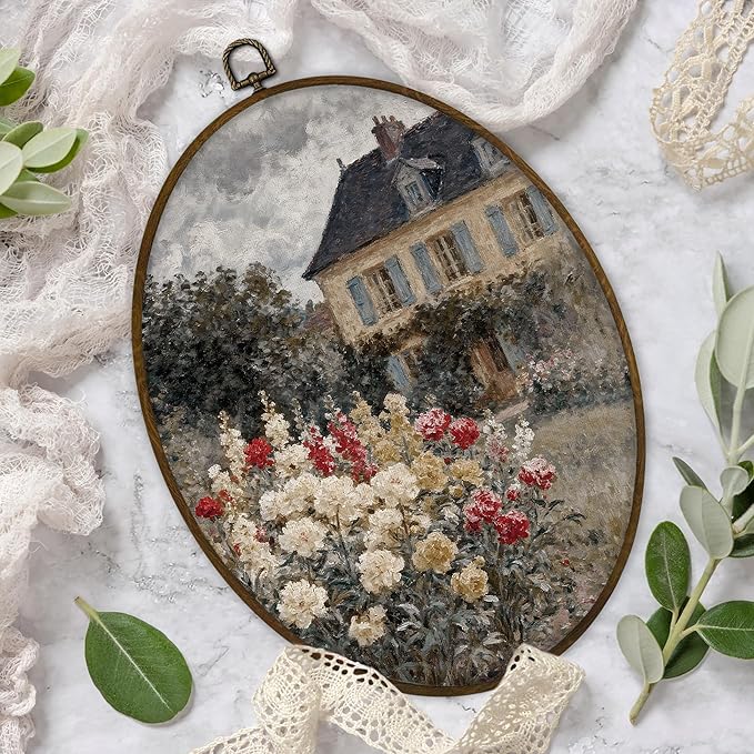 Gnmduw Cottagecore House and Garden Oval Wall Art Framed, Farmhouse French Country Landscape Canvas Prints Hanging Decor, Moody Cottage Floral Garden Wall Decor for Bedroom Living Room, 8.7x11.3 Inch