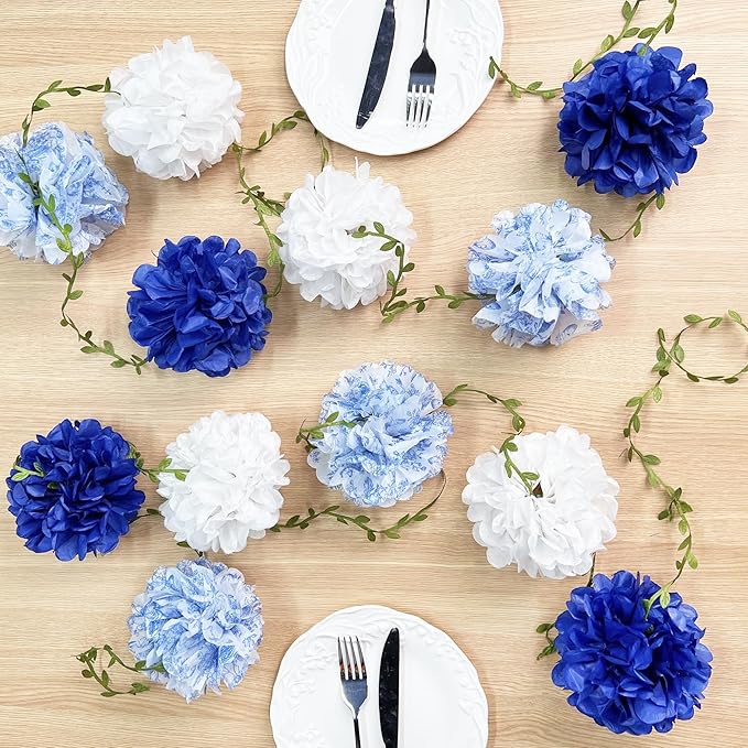 Blue and White Floral Royal Blue Tissue Flowers Pom Pom with Sage Green Leaf Ribbon Hanging Streamer Garland for Birthday Baby Shower Wedding Engagement Chinoiserie Theme Party Decorations Supplies