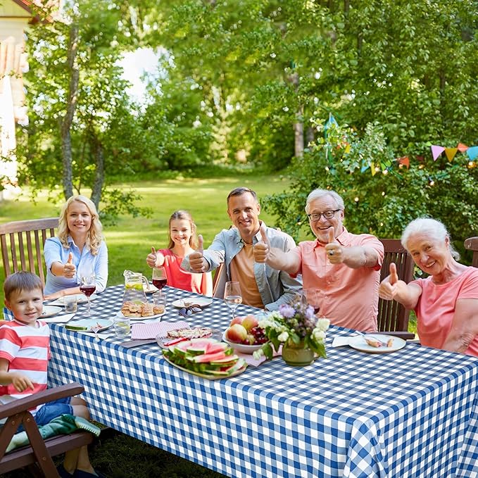 Kochorie 54 Inch x 300 Ft Blue Checkered Plastic Table Cloth Roll Disposable Waterproof Table Cover Plastic Table Cover Roll with Easy Slide Cutter for Outdoor Picnic/Home Dining/Spring Party