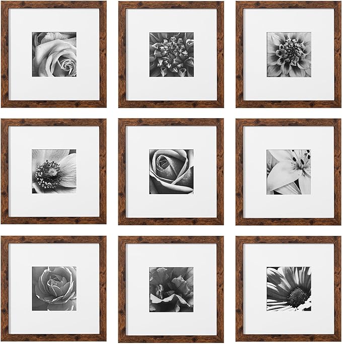 eletecpro 10x10 Picture Frames Set of 9 Classic Gallery Wall Frame Set Displays 5x5 Photo with Mat or 10x10 without Mat, Square Picture Frames Collage Wall Decor, Rustic Brown Modern Home Decor for