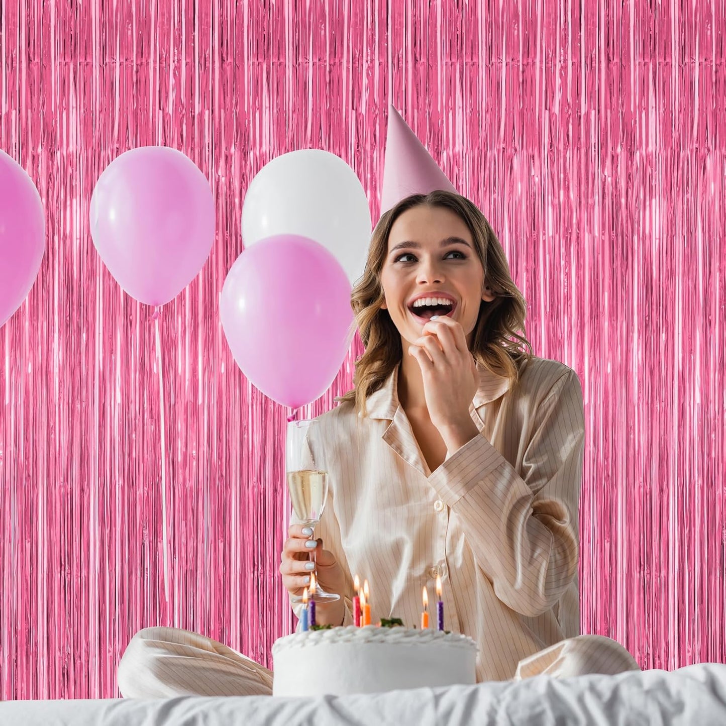 8 Pack Pink Backdrop, 3.28 FT x 7.05 FT Pink Birthday Decorations, Metallic Pink Backdrop for Photoshoot Foil Curtains Party Streamer, Bachelorette Decorations Birthday Photo Booth Props