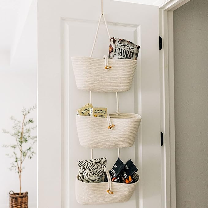 OrganiHaus White 3-Tier Wall Hanging Baskets for Organizing, Hanging Storage Basket, Over the Door Basket Organizer, Wall Mounted Basket for Nursery Organization, Hanging Baskets for Nursery Decor