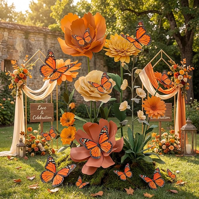 Chuangdi 12 Pcs Orange Large Monarch Butterfly Decorations 3 Size 12inch,9inch,6inch Fake Butterflies Realistic Butterfly Craft Artificial Mariposas Wall Decor for Craft Wedding Home Birthday Party