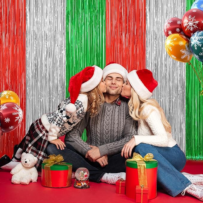 2 Pack Christmas Backdrop, Red Silver Green Party Streamer, Metallic Xmas Backdrop Fringe Curtains Foil Tinsel, Christmas Decorations Wall Decor Streamers Photo Booth Props
