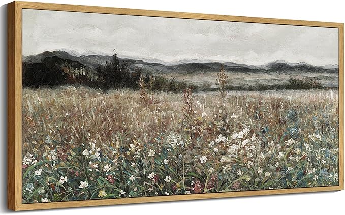 SHENIFY Vintage Landscape Framed Wall Art Meadow Flowers Farmhouse Decor Retro Classic Painting for Hallway Bedroom Living Room Dining Room - 20x40in Natural Framed