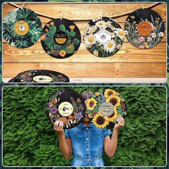 Chunful 6 Pake 12 Inch Vintage Records Wall Decor Aesthetic Retro Record Wall Decor for Dorm Bedroom Living Room Art Display Rock and Roll Music Hippie Party Records Decorations(Botanical)