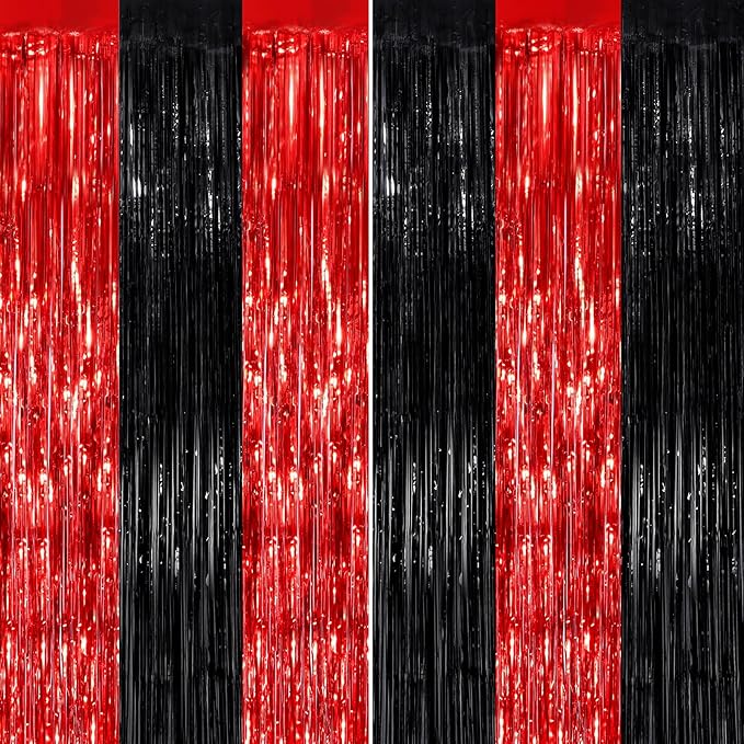 Black Red Fringe Curtain Party Streamers 2Pack 3.3 x 8.3 Ft Foil Fringe Backdrop Curtains for Birthday Wedding Bridal Baby Shower Holiday Tinsel Streamers Black Party Decorations Door Streamers