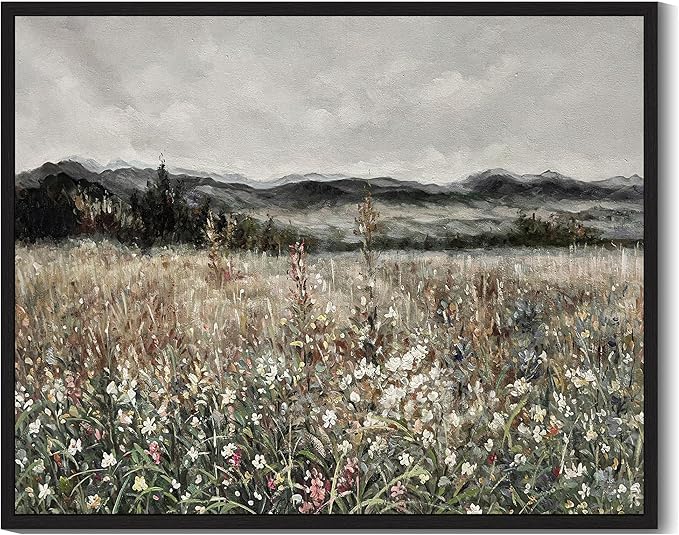 SHENIFY Vintage Landscape Framed Wall Art Meadow Flowers Farmhouse Decor Retro Classic Painting for Kitchen Living Room Bedroom Bathroom - 8x10in Black Framed