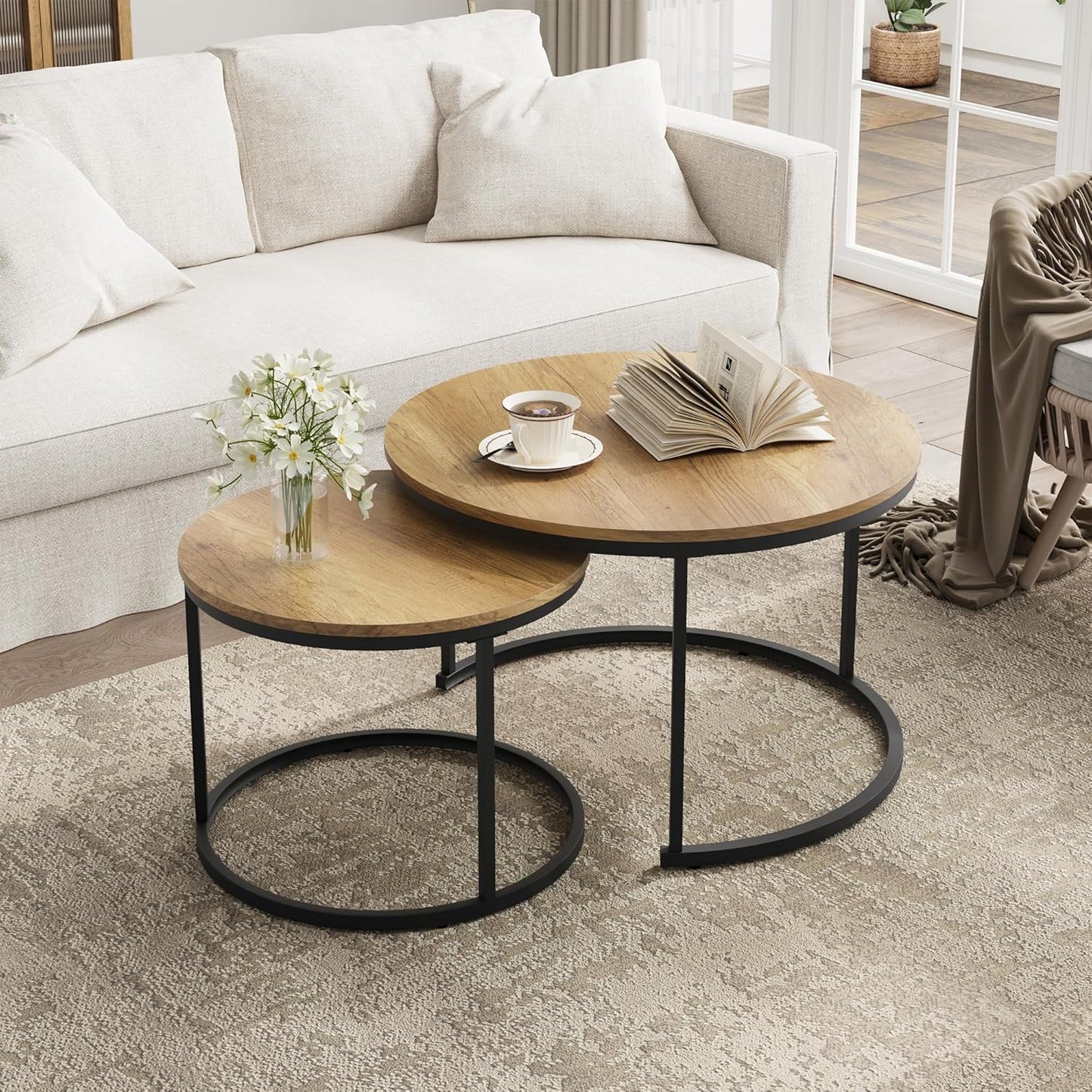 Smuxee Nesting Coffee Table Set of 2, 27.6" Round Coffee Table Wood Grain Top with Adjustable Non-Slip Feet, Industrial End Table Side Tables for Living Room Bedroom Balcony Yard