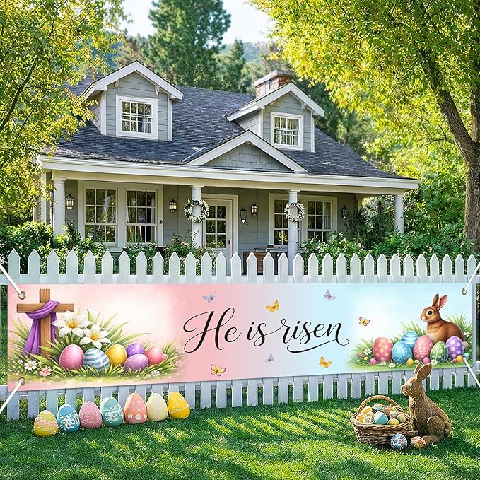 Easter Banner He Is Risen Easter Decorations Resurrection Cross Spring Christian Faith Decor 118×20 inch Religious Easter Banner for Yard Fence Wall Door Porch Indoor Outdoor Church Display