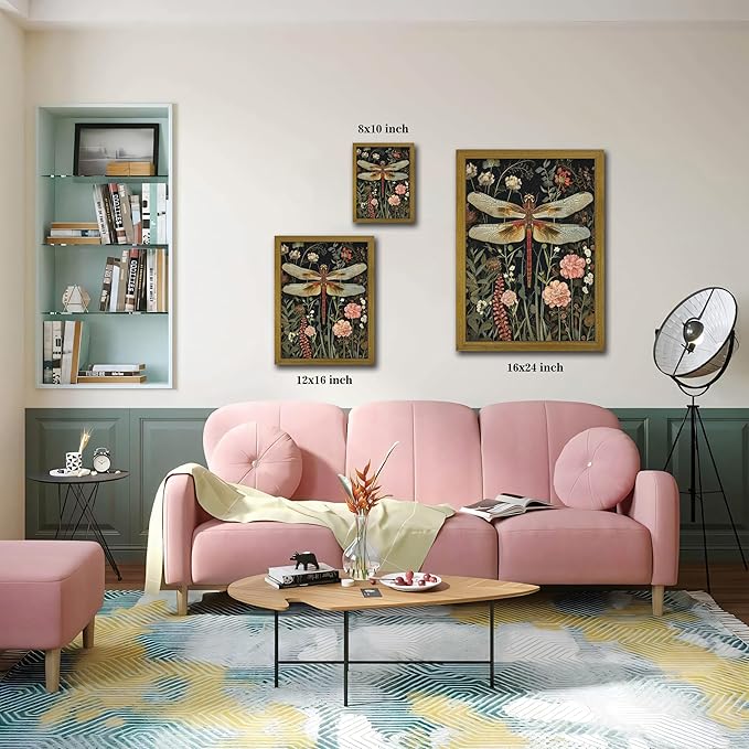 Framed Hand Drawn Sandstone Dragonfly Wall Art, Vintage 3D Textured Nature Botanical Wall Decor Pictures, Pink Flowers Print Painting for Living Room Kitchen Home Decor 16x24inch