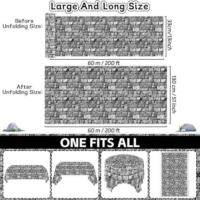party greeting Stone Wall Tablecloth Roll 200FT x 51 Inch Disposable Brick Stone Plastic Table Covers Roll Castle Wall Backdrop for Halloween Western Birthday Medieval Party Decoration Favors Supplies