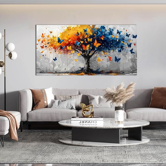 ANCXWOTER Large Tree of Life Wall Art for Living Room Bedroom Office Bathroom Butterfly Artwork Modern Canvas Prints Grey Blue and Yellow Picture Size 30x60