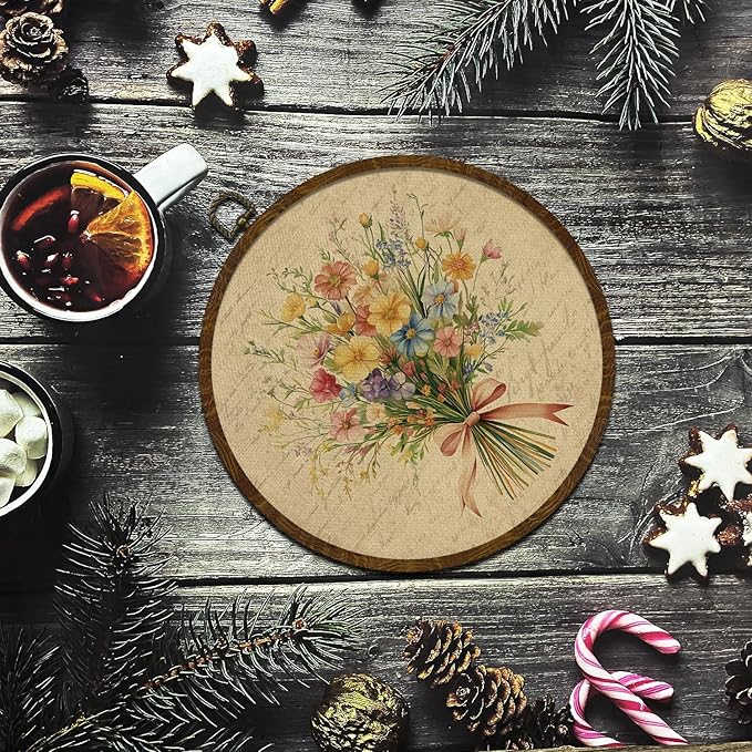 Vintage Floral Round Wall Art Decor,Retro Flower Wall Art Decoration, Watercolor Wildflower Botanical Canvas Print with Frame,Farmhouse Decor for Bedroom Living Room Gallery Space 10"x10"(Letter Flowers-02)