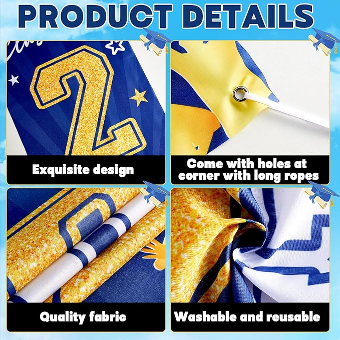 3Pcs Graduation Cap Door Banner 2026 Graduation Door Decoration Class of 2026 Porch Sign Congrat Grad Hanging Banner Decor Grad Party Indoor Outdoor Wall Decor Photo Prop Supplies Blue Gold