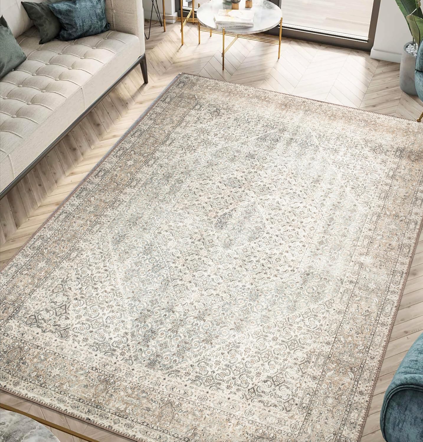 Keen Home Design 8x10 Rug - Machine Washable Area Rug with Non-Slip Backing, Ideal for Living Room, Dining Room, Bedroom - Vintage, Easy Clean, Durable, Low Pile Rug - (8' x 10')
