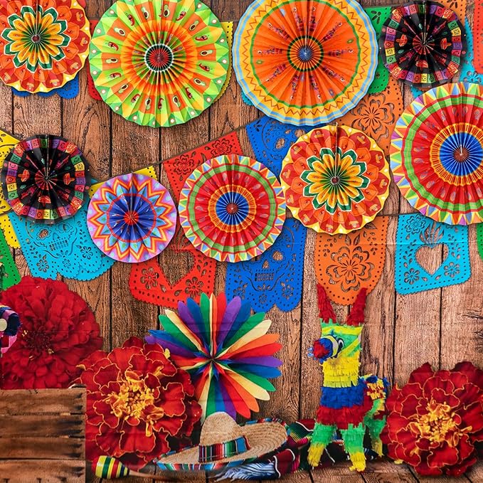 Outus 9 Pcs Mexican Fiesta Hanging Paper Fans Decorations Fiesta Party Supplies Cinco De Mayo Ceiling Wall Decor for Taco Tuesday Event Decor Luau Event Photo Props Carnival Supplies