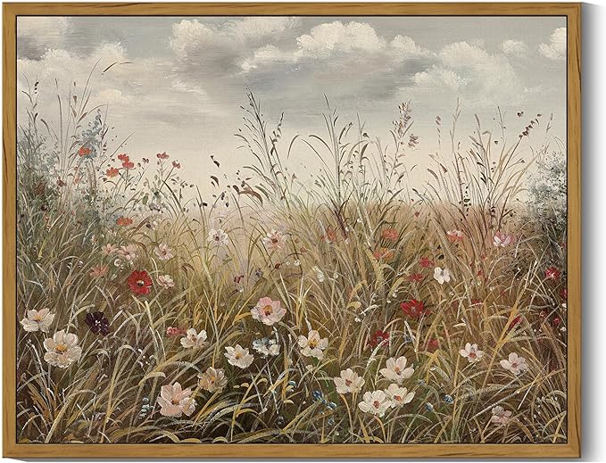 SHENIFY Vintage Landscape Framed Wall Art Meadow with Flowers Farmhouse Decor Retro Wildflower Field Scenery Painting for Kitchen Living Room Bedroom Bathroom - 11x14in Natural Framed