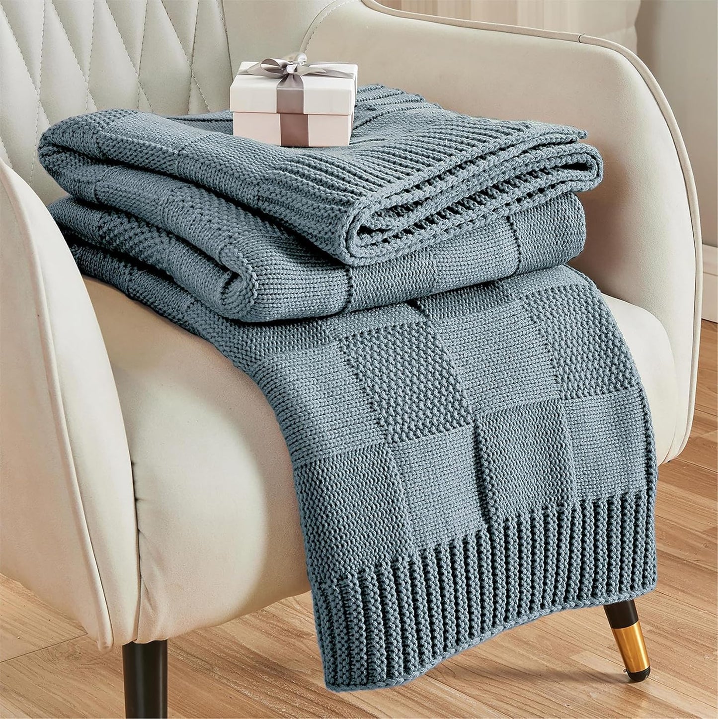 CozeCube Check Knit Throw Blanket, Dusty Blue Checkered Throw for Couch, Decorative Christmas Soft Cozy Warm Knitted Blanket for Bed Sofa Living Room, 60"X80"
