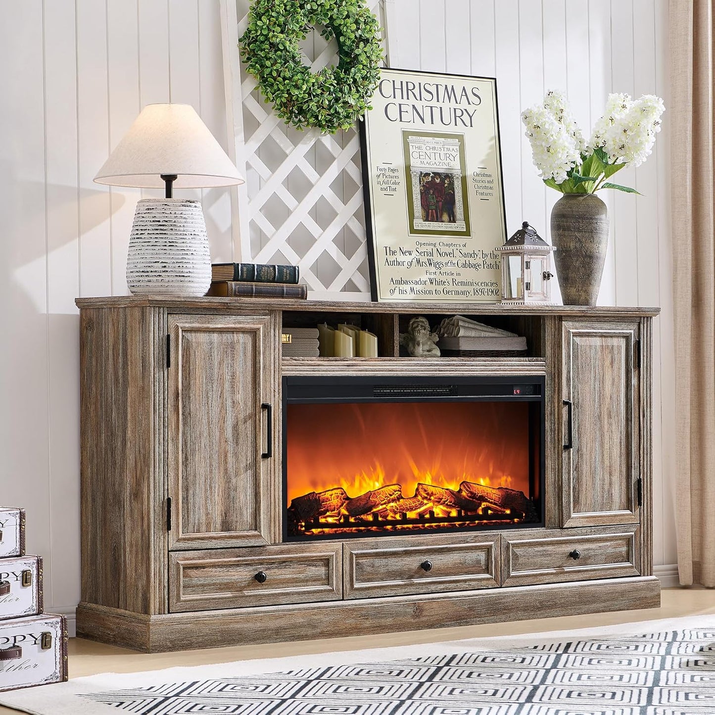Fireplace TV Stand for 80 Inch TV, 35.7" Tall Farmhouse Entertainment Center W/36'' Electric Fireplace, Media Console with Large Storage Cabinets and Drawers for Living Room, Purple Oak