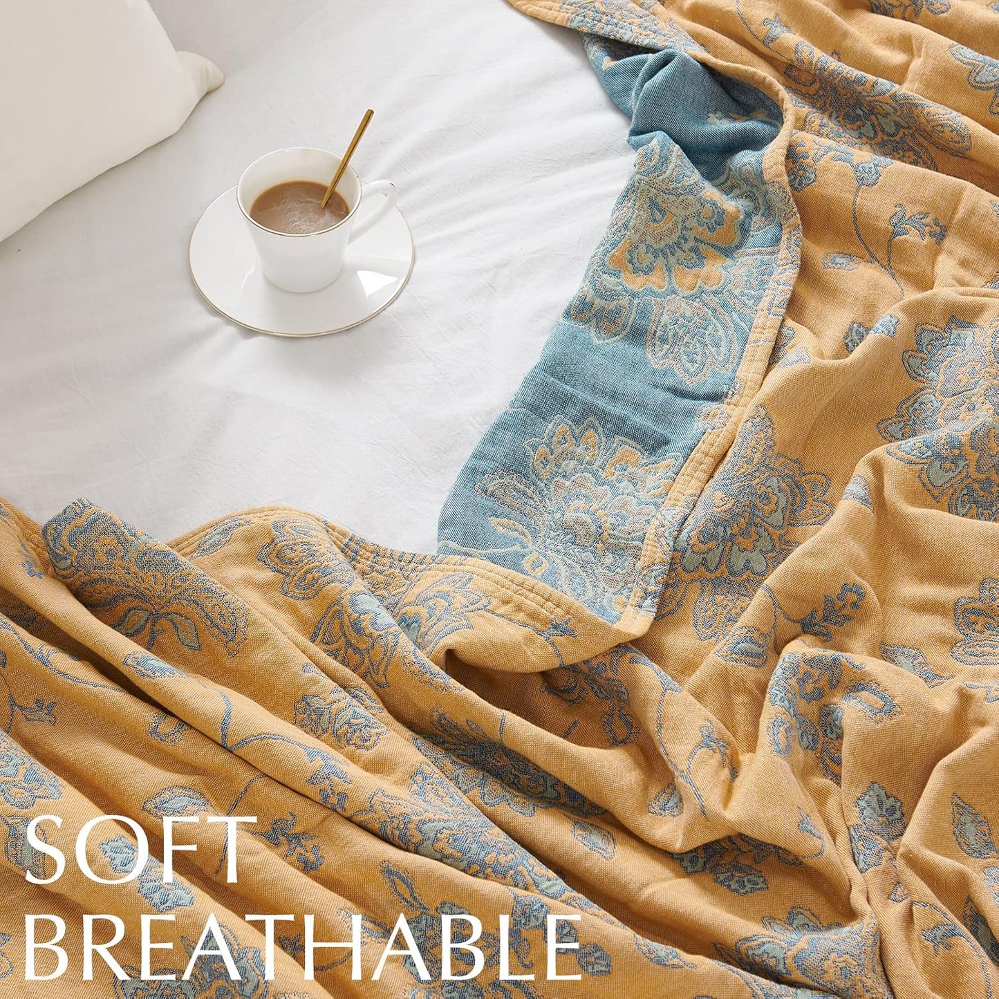jinchan Boho 100% Cotton Muslin Twin Size 50x60 Inches Blanket Lightweight 4-Layer Quilted Soft Yellow and Blue Floral Throw Blanket Reversible Comfy Flower Breathable All Seasons Couch Bedroom Decor