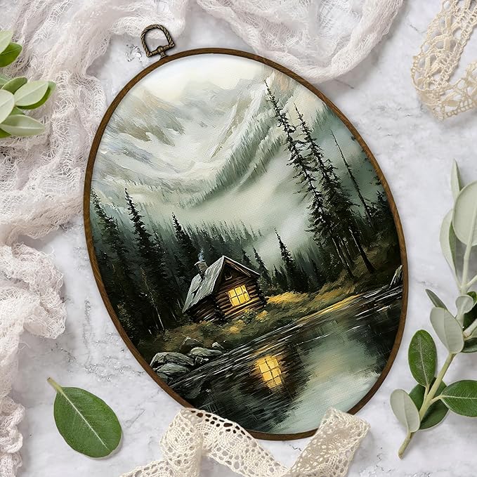Gnmduw Lakeside Cabin Forest Landscape Oval Wall Art Framed, Vintae Cottage Canvas Prints Hanging Decor Decorations, Rustic Farmhouse Wall Decor for Home Bedroom Living Room, 8.7x11.3 Inch