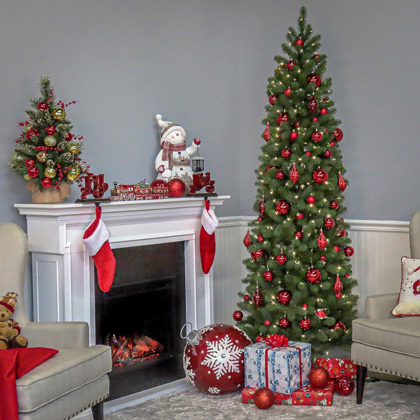 National Tree Company 'Feel Real' Pre-lit Artificial Christmas Tree | Includes Pre-strung White Lights| Downswept Douglas Fir Pencil Slim - 9 ft