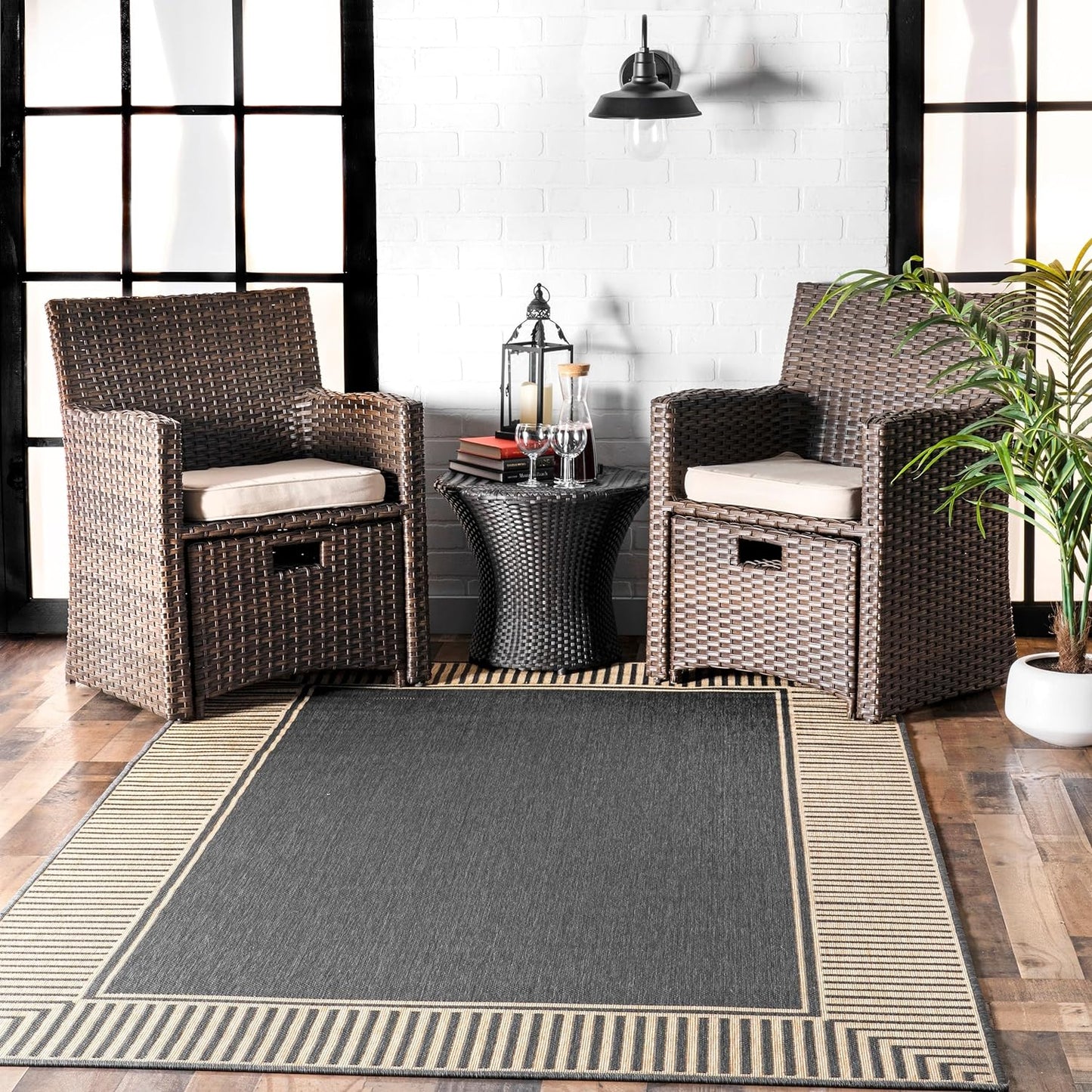 nuLOOM 2' x 3' Outdoor Area Rug, Casual Design With Striped Border, Stain Resistant, Highly Durable, For Patio, Balcony, Bedroom, Living Room, Dining Room, Bathroom, Dark Grey