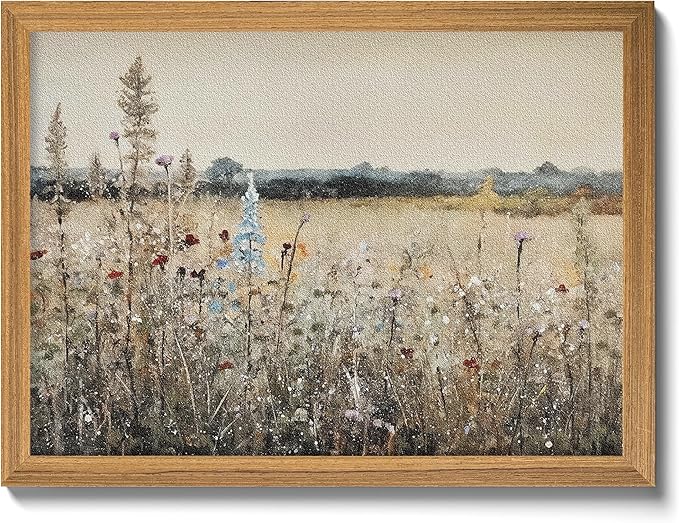 Vintage Landscape Wall Art, 3D Textured Nature Rustic Farmhouse Wall Decor Painting, Hand Drawn Sandstone Country Wildflowers Artwork Picture for Living Room Bedroom 12x16 Inch Framed