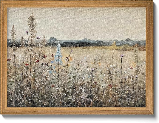 Vintage Landscape Wall Art, 3D Textured Nature Rustic Farmhouse Wall Decor Painting, Hand Drawn Sandstone Country Wildflowers Artwork Picture for Living Room Bedroom 12x16 Inch Framed