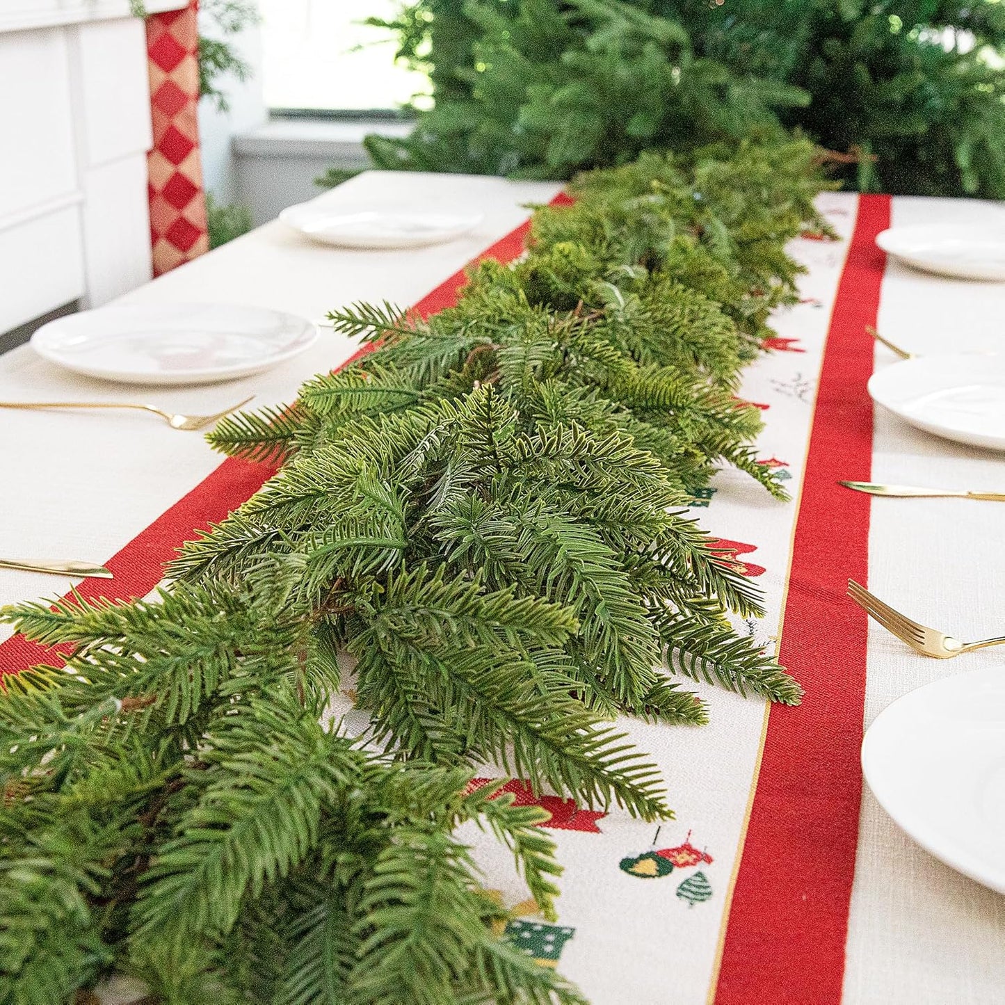 Watayo 2 Pcs Christmas Norfolk Pine Garland, 6 Ft 3 Fork Dense Real Touch Pine Garland Ornament, Realistic Artificial Pines Greenery Garlands for Christmas Holiday Mantle Fireplace Table Home Decor