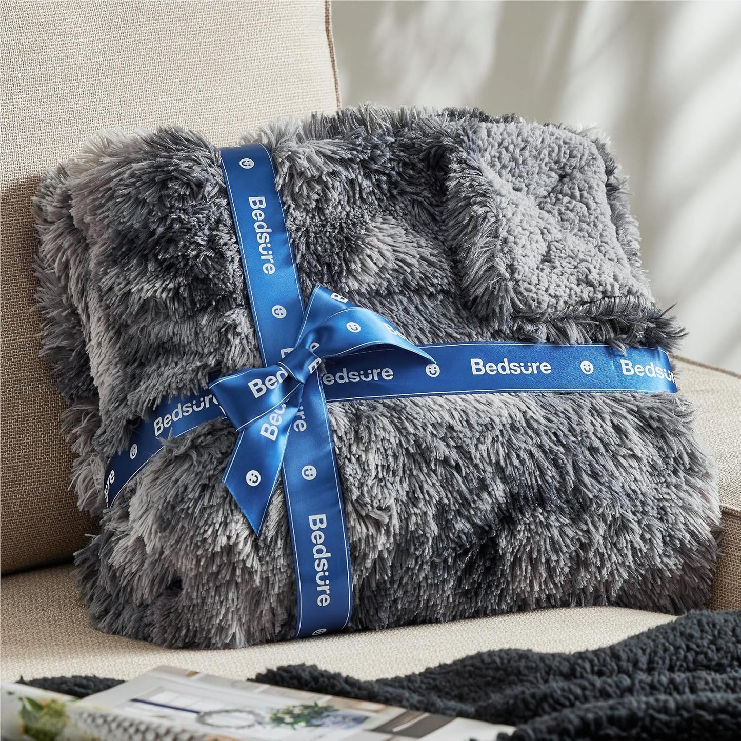 Bedsure GentleSoft Fluffy Sherpa Fleece Faux Fur Blankets Queen Size for Bed, Bedroom Decor Winter Thick Warm Full Queen Blankets, Fuzzy Plush Soft Heavy Mink Tie Dye Grey Bedding Cozy Gifts, 90x90
