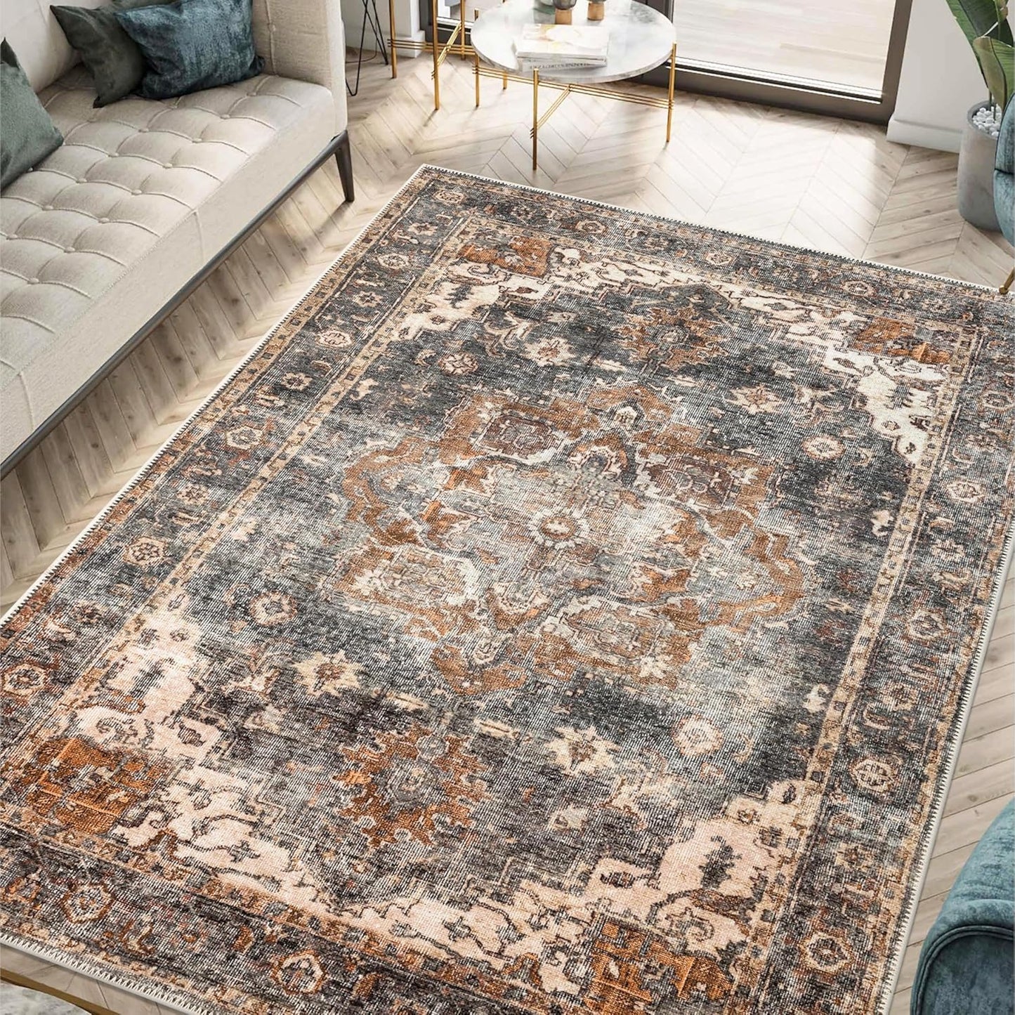 Keen Home Design 4x6 Rug - Machine Washable Area Rug with Non-Slip Backing, Ideal for Living Room, Dining Room, Bedroom - Vintage, Easy Clean, Durable, Low Pile Rug - (4' x 6')
