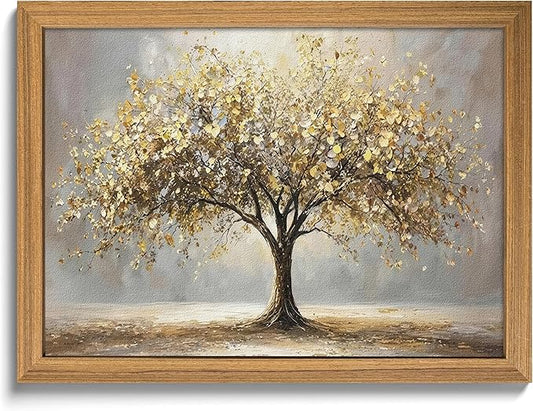 3D Textured Tree of Life Wall Art, Abstract Gold Tree Botanical Wall Decor, Modern Nature Landscape Sandstone Painting for living room Bedroom Bathroom Office 12x16 Inch Framed