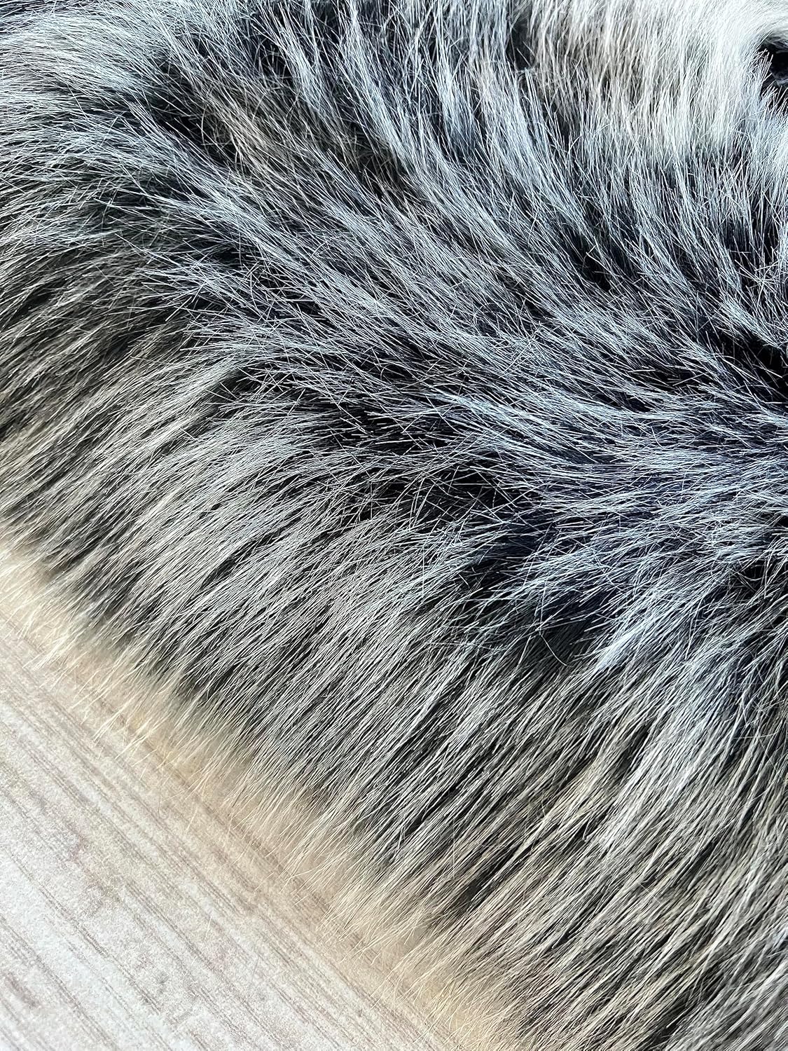 LAMBZY Faux Sheepskin Super Soft Hypoallergenic Free Shape Silky Shag Rug, Luxury Shaggy Plush Carpet for Bedroom Living Room Kids Rooms Sofa Floor Rugs (Black with White Tips, Single 2'x3')