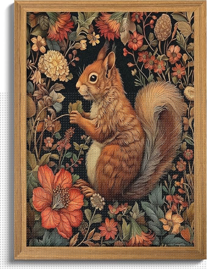 Framed Vintage Squirrel Wall Art, 3D Textured Squirrel Among Flowers Painting Art, Hand Drawn Sandstone Botanical Floral Pictures, Modern Farmhouse Wall Decor for Living Room Bedroom 12x16 inch