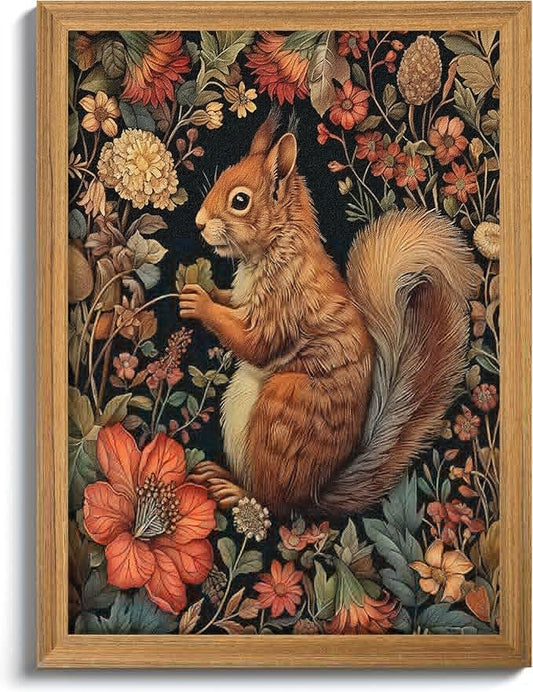 Framed Vintage Squirrel Wall Art, 3D Textured Squirrel Among Flowers Painting Art, Hand Drawn Sandstone Botanical Floral Pictures, Modern Farmhouse Wall Decor for Living Room Bedroom 12x16 inch