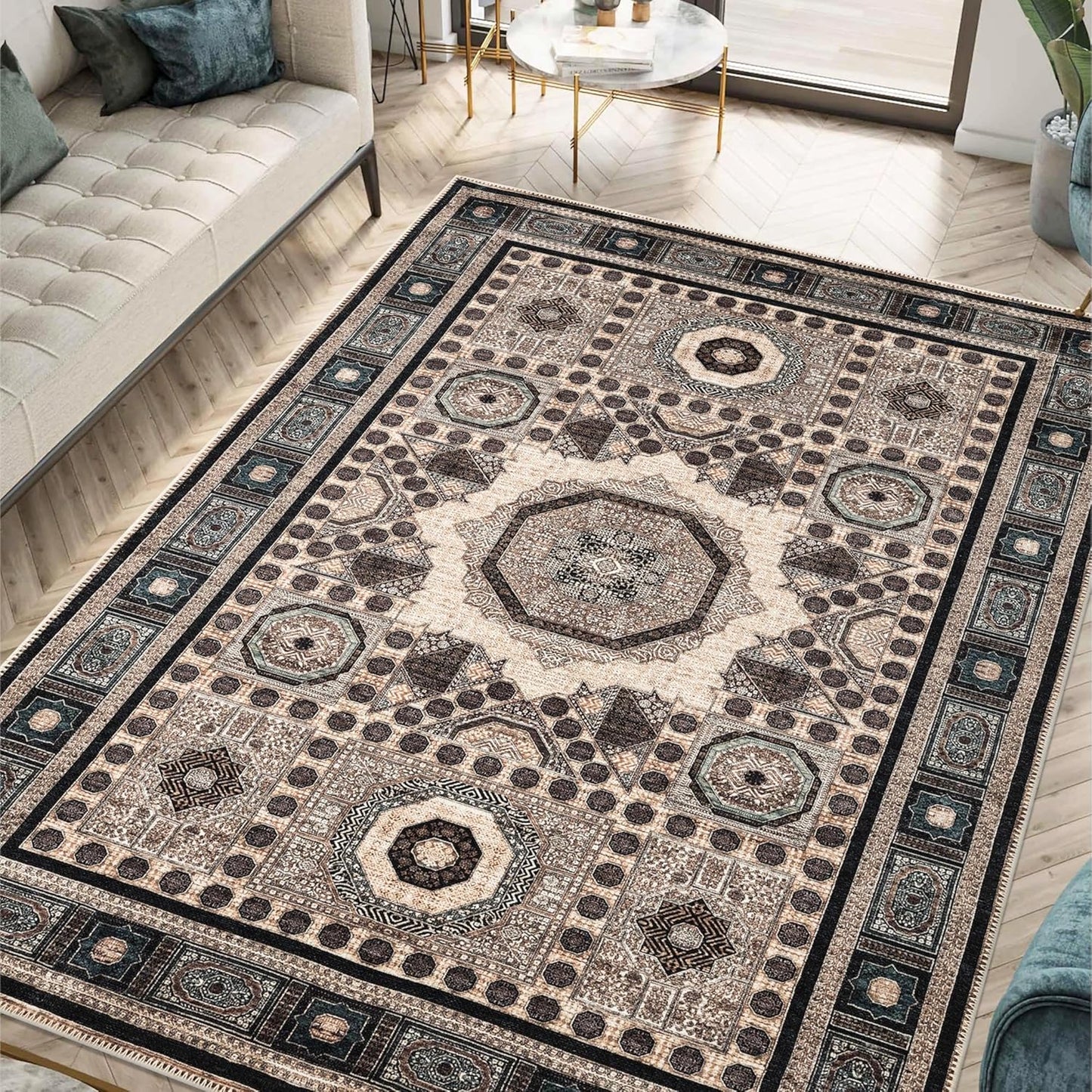 Keen Home Design 9x12 Rug - Machine Washable Area Rug with Non-Slip Backing, Ideal for Living Room, Dining Room, Bedroom - Vintage, Easy Clean, Durable, Low Pile Rug - (9' x 12')