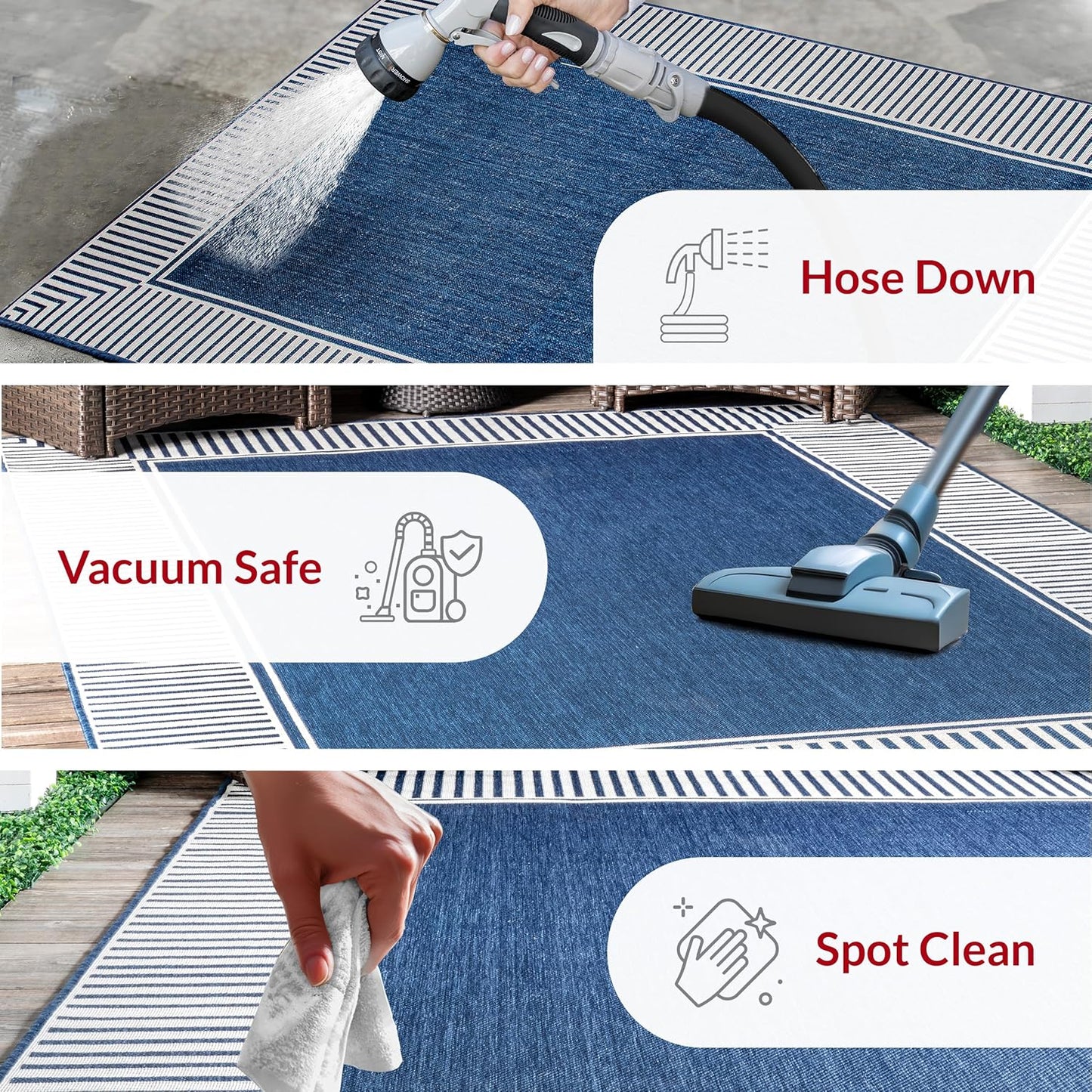 nuLOOM 10' x 12' Outdoor Area Rug, Casual Design With Striped Border, Stain Resistant, Highly Durable, For Patio, Balcony, Bedroom, Living Room, Dining Room, Bathroom, Navy