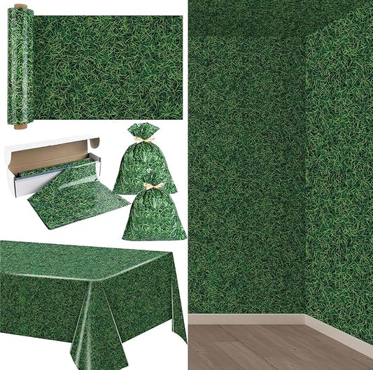 Kochorie 54 Inch x 100 Ft Grass Plastic Table Cloth Roll Disposable Waterproof Football Field Table Cover Plastic Table Cover Roll with Easy Slide Cutter for Jungle Party/Sport/Outdoor Picnic