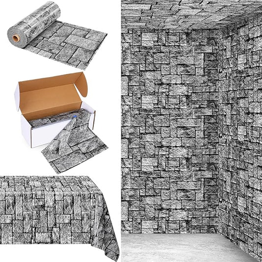 Kochorie 300 Ft X 54 Inch Stone Wall Tablecloth Roll with Cutter Box Disposable Plastic Stone Table Cover Medieval Stone Brick Table Cloth Dirt Floor Wall Backdrops for Farm Wedding Birthday Party
