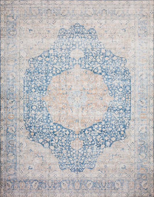 Loloi Layla Collection LAY-07 Blue/Tangerine 9'-0" x 12'-0" .13" Thick Area Rug, Soft, Durable, Vintage Inspired, Distressed, Low Pile, Non-Shedding, Easy Clean, Printed, Living Room Rug