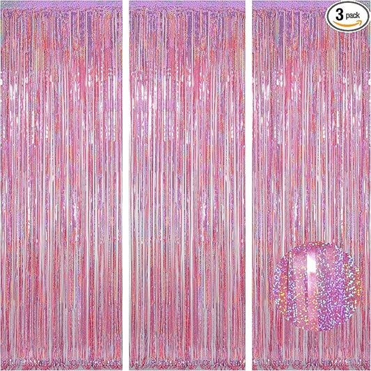 Melsan Hot Pink Foil Fringe Curtains – 3 Pack 3.2 x 8.2 ft Shiny Tinsel Backdrop for Bachelorette Party, Disco Y2K Decorations, Girls Birthday & Photo Booth Backdrop