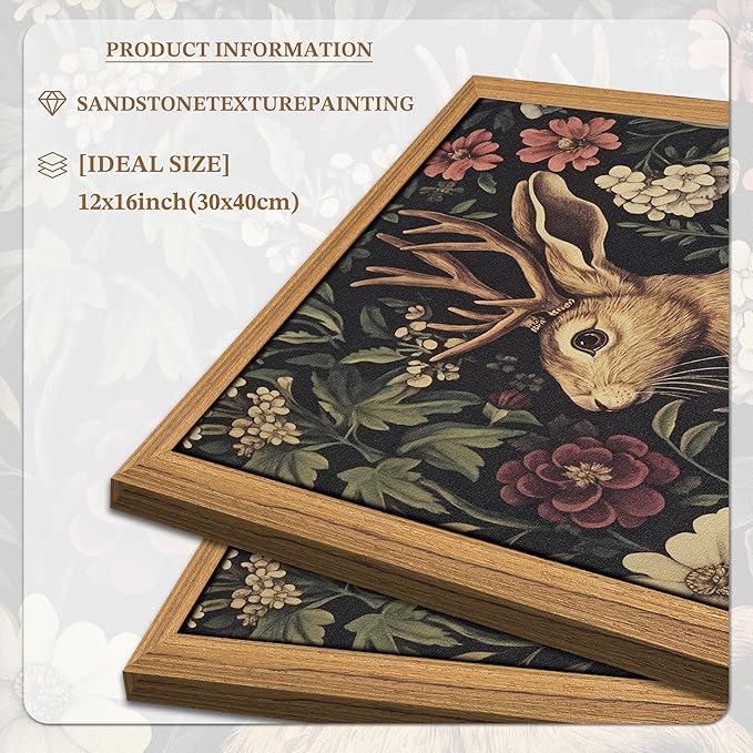 Framed Vintage Jackalope Wall Art, William Morris Dark Botanical Cottagecore Decor, Mythical Folklore Nature Illustration, Hand Drawn Sandstone Art for Living Room Bedroom 12x16 inch